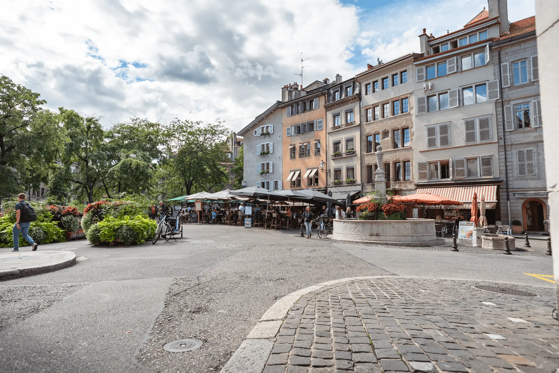 Terraces of the Place du Bourg de Four in the Old Town of Geneva